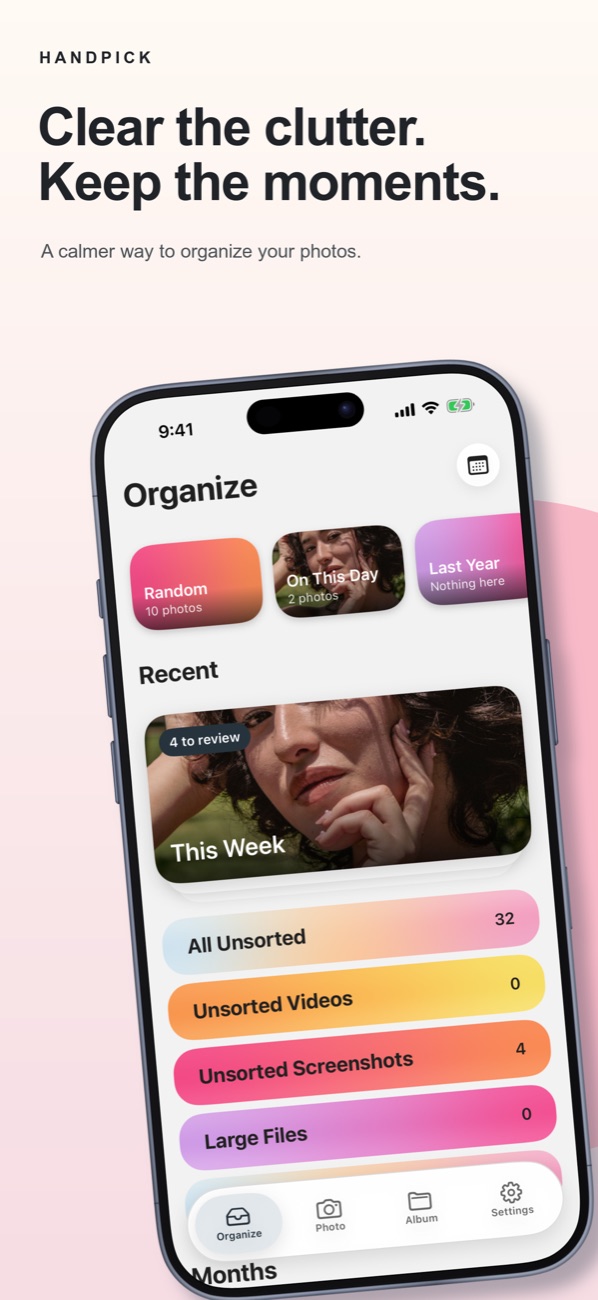 Organize screen: clear the clutter, keep the moments.